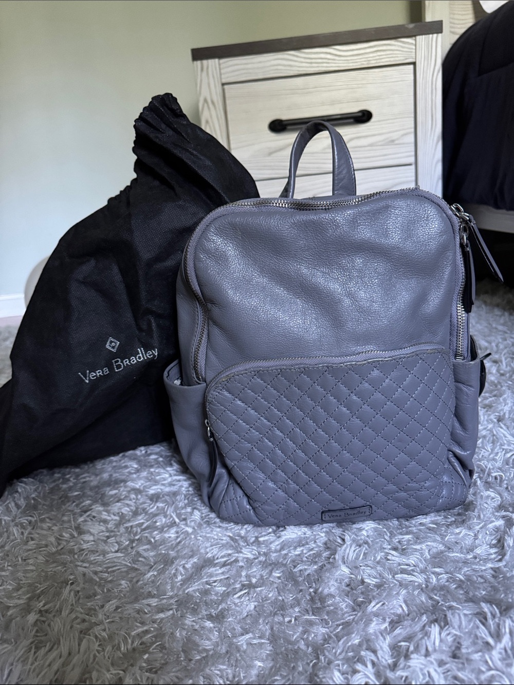 Vera Bradley Gray Quilted Front Small Leather Backpack